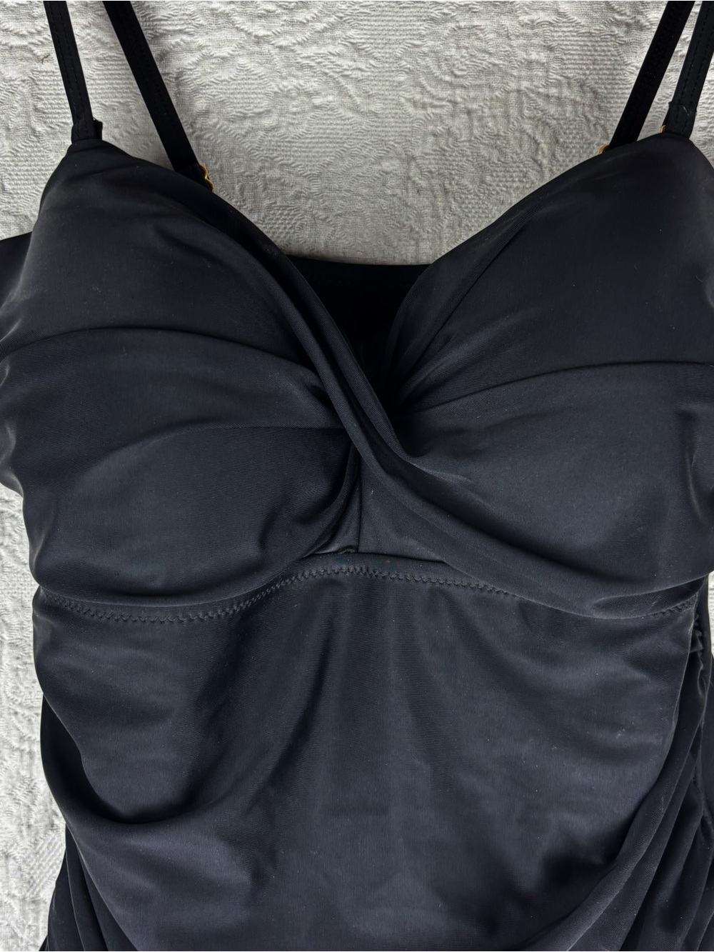 Shore Shape Black Swimsuit 1 Piece Ruching Faux Tankini Swim dress style Sz 12 - Picture 2 of 7